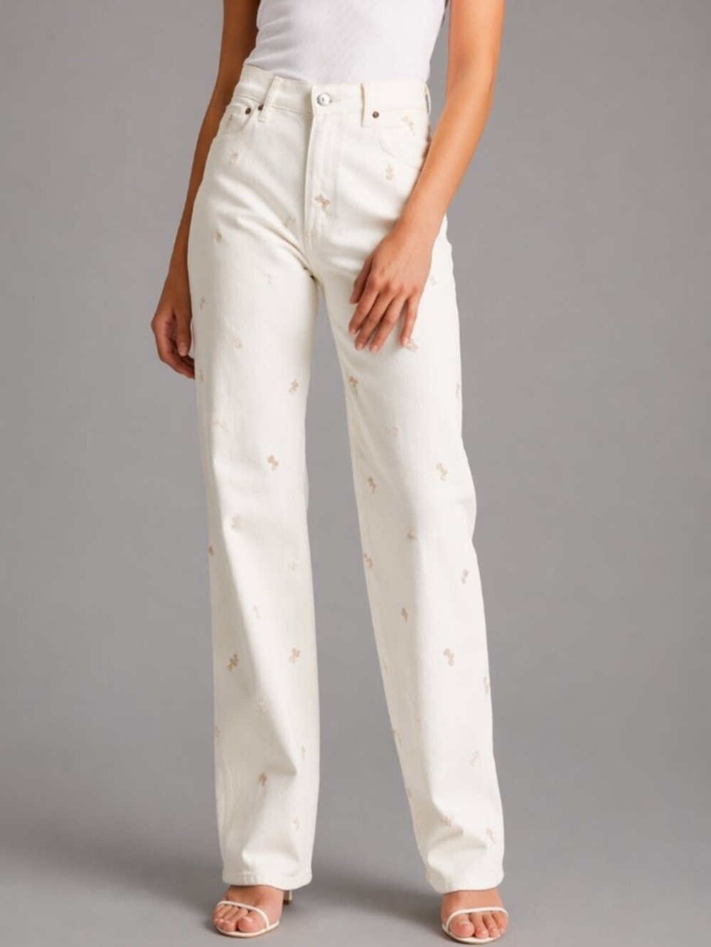 Abercrombie & Fitch Cream Straight-Leg Jeans with Tonal Embroidery